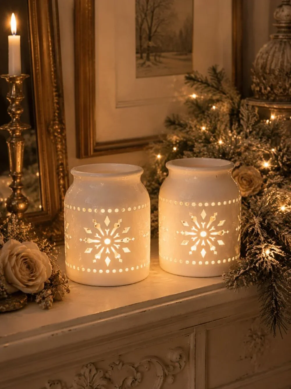 Set of 2 Charming Ivory Snowflake Cutout Luminiary Candleholders
